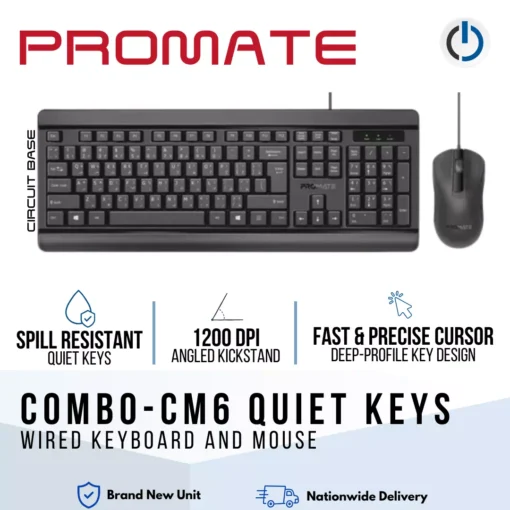PROMATE Combo-CM6 Quiet Keys Wired Keyboard and 1200 DPI Mouse