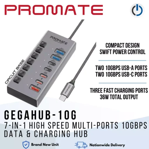 PROMATE GegaHub-10G 7-in-1 High Speed Multi-Ports 10Gbps Data & Charging Hub