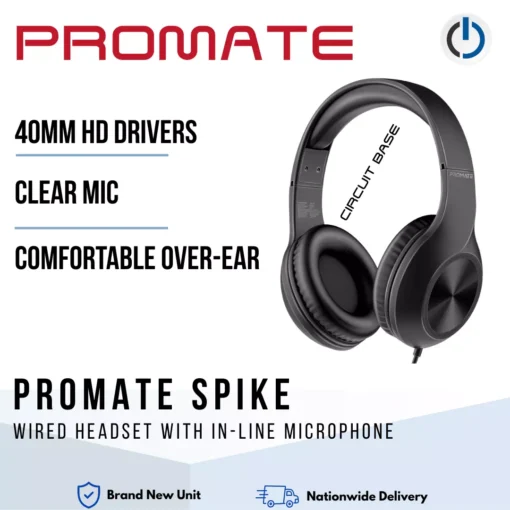 PROMATE Spike Over-Ear High Definition Wired Headset With in-Line Microphone