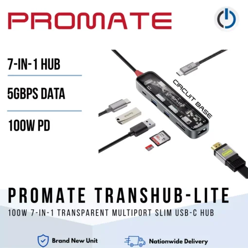 PROMATE TRANSHUB-LITE 100w 7-in-1 Transparent Multiport slim USB-C Hub