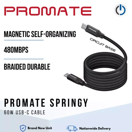 Promate SPRINGY 60W Power Delivery Self-Organizing Magnetic USB-C Cable