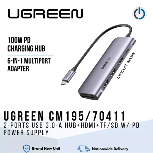 UGREEN CM195/70411 to 2-Ports USB 3.0-A Hub+HDMI+TF/SD w/ PD Power Supply