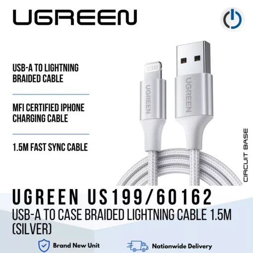 UGREEN US199/60162 USB-A to Case Braided Lightning Cable 1.5M (Silver)