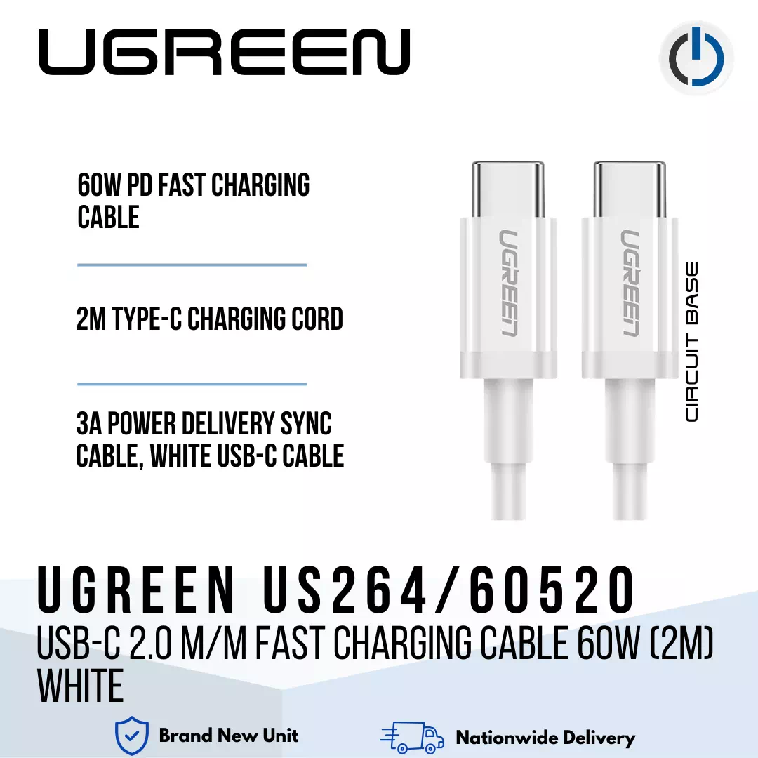 UGREEN US264/60520 USB-C 2.0 M/M Fast Charging Cable 60W (2M) White