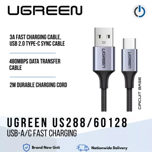 UGREEN US288/60128 USB-A/C Fast Charging Cable 2M