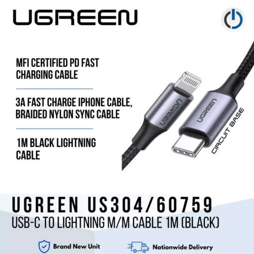UGREEN US304/60759 USB-C to Lightning M/M Cable 1M (Black)